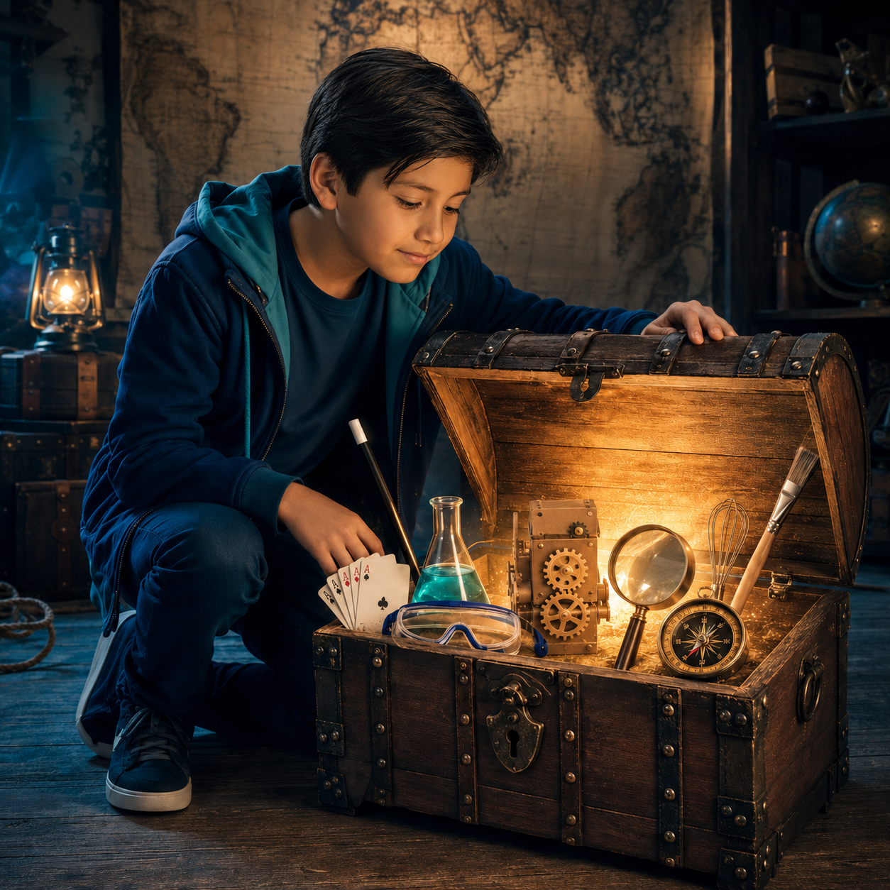 Jerito abre un baúl con objetos de magia, ciencia, inventos, cocina, arte y exploración