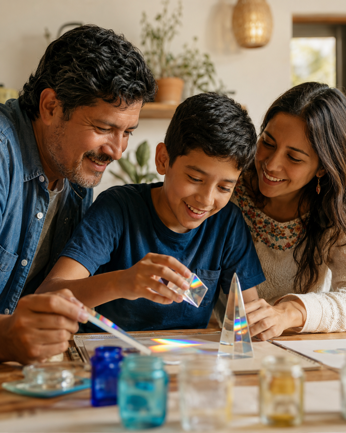 Familia compartiendo una experiencia de descubrimiento con luz y color